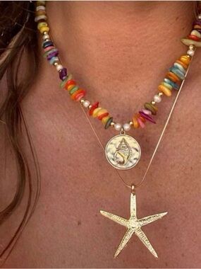 Free People Gold Starfish Colorful Beaded Layered Necklace M559